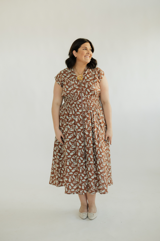Syd Cinnamon Smocked Waist Zip Front Midi Dress (S-2XL)