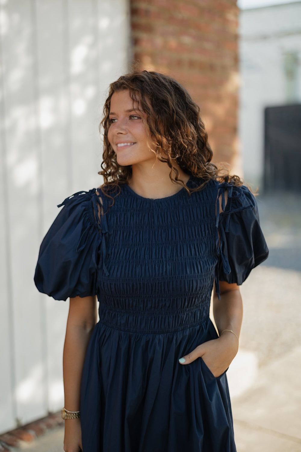 Dianne Navy Detachable Puff Sleeve Midi Dress
