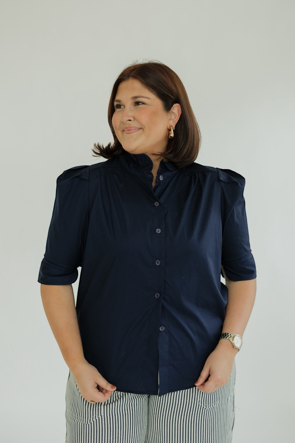 Jodie Ruffle Collar Top in Navy (S-3XL)