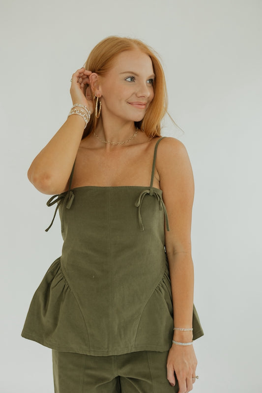 Bonnie Olive Bow Trim Peplum Top