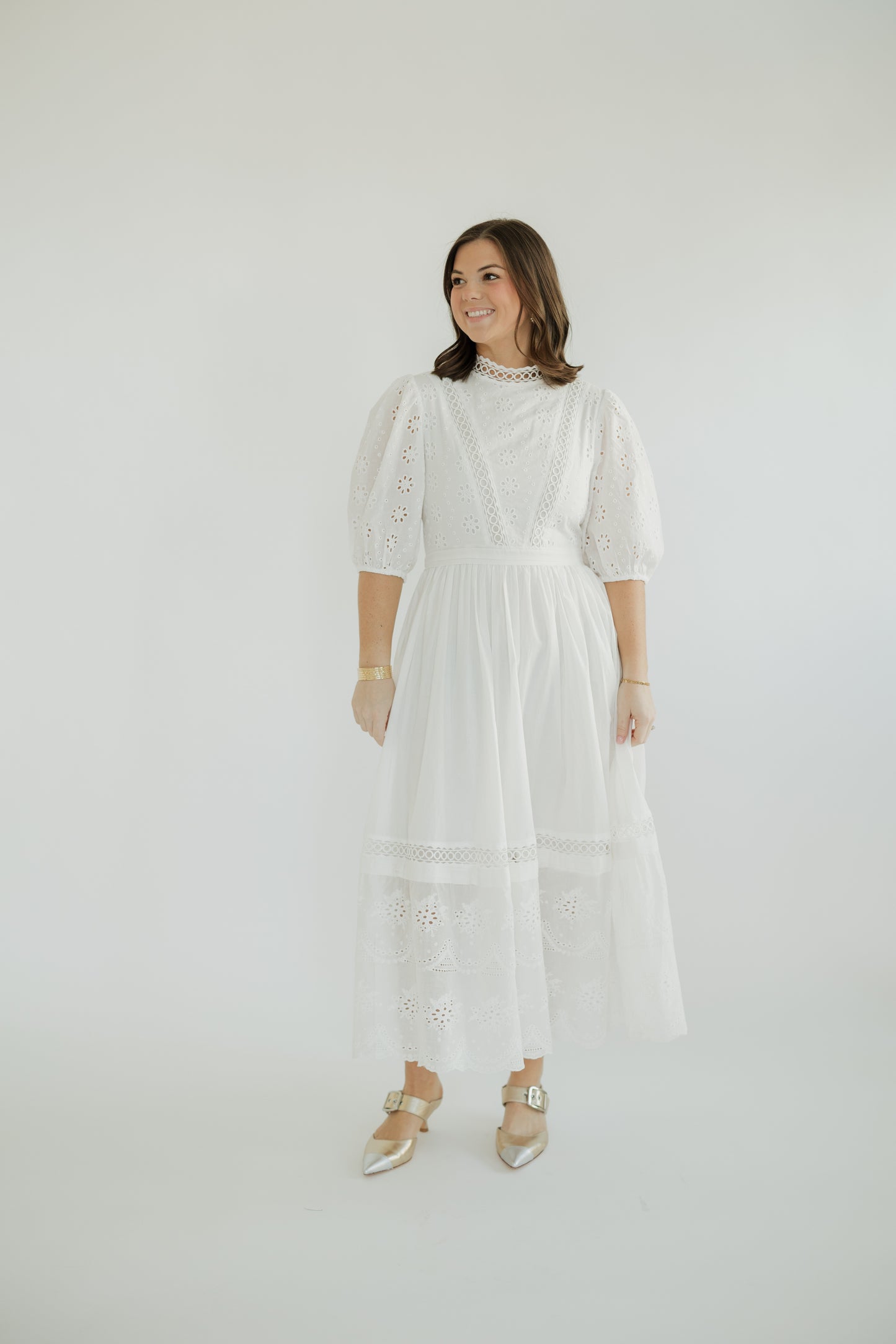 Monica White Mockneck Eyelet Midi Dress