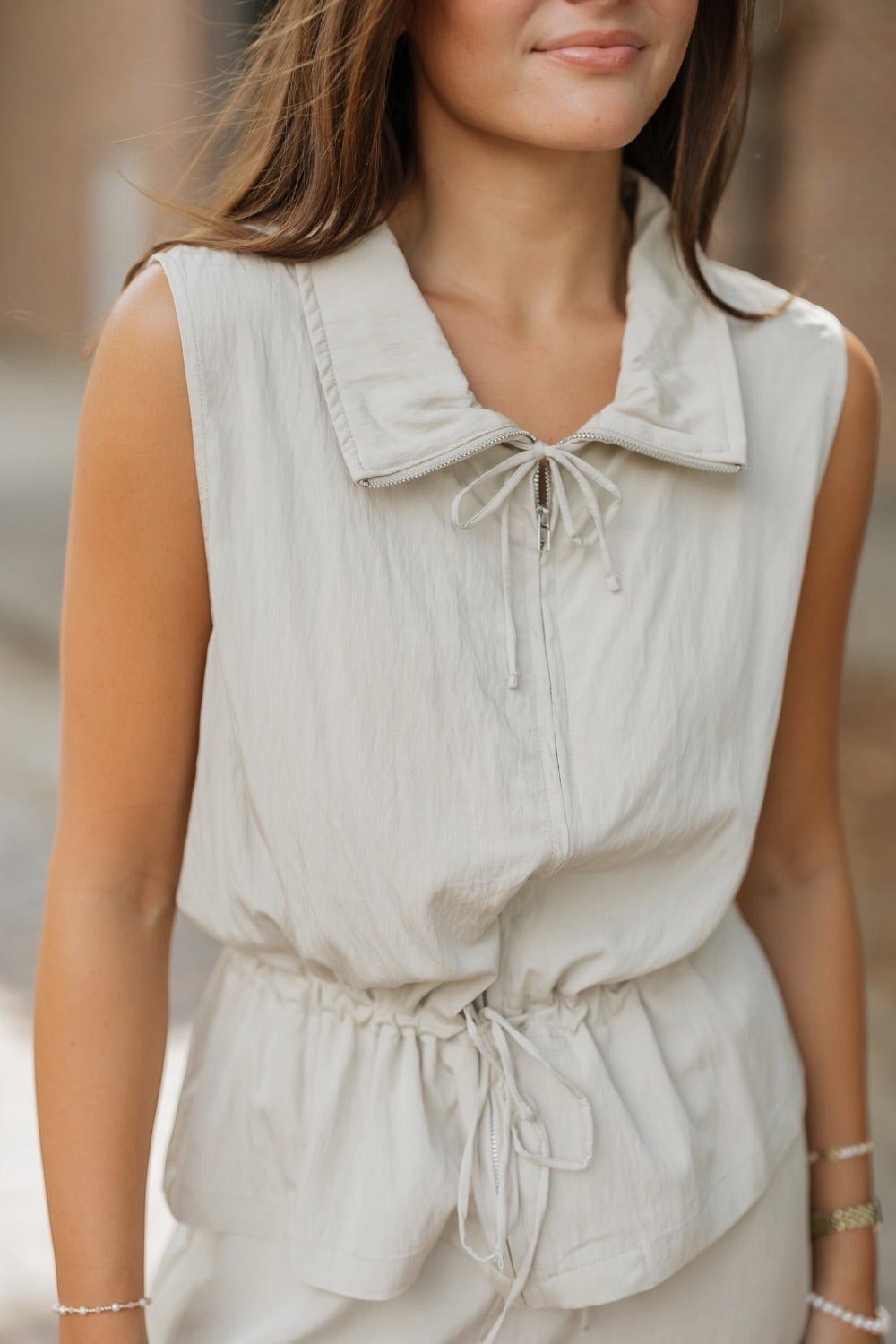 Beige Collared Zip Front Top