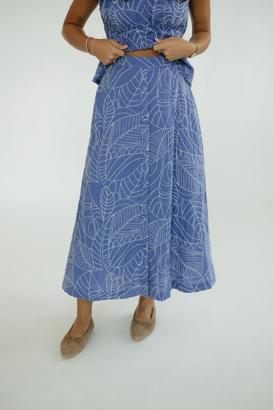 Blue Embroidered Button Front Midi Skirt