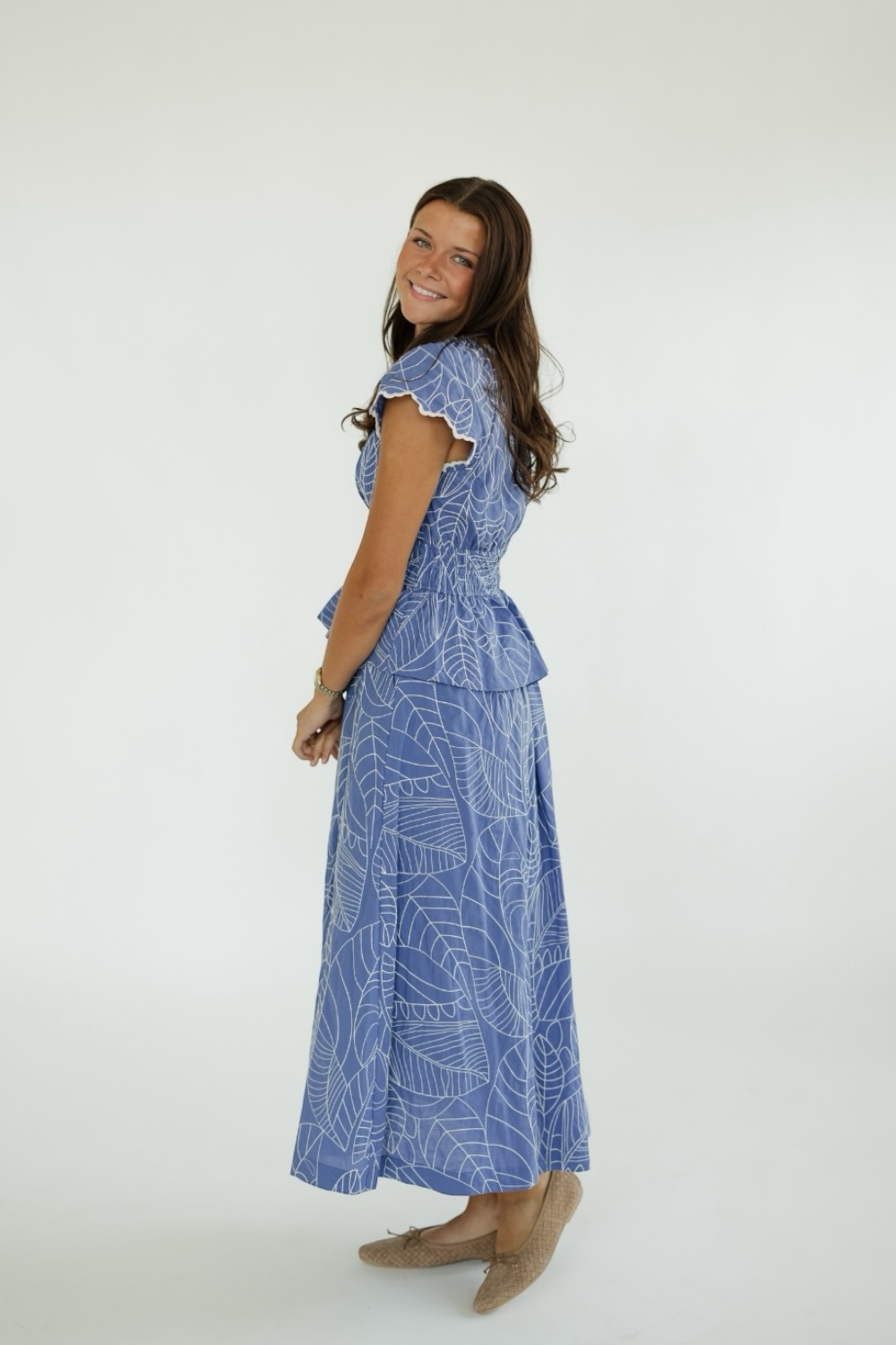 Blue Embroidered Flutter Sleeve Top