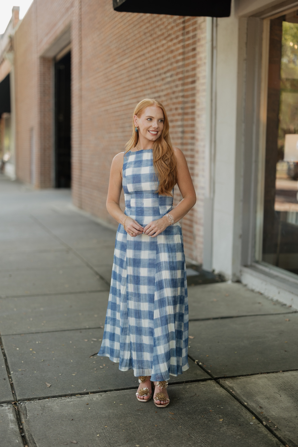 Iggy Blue Gingham Sleeveless A-Line Midi Dress