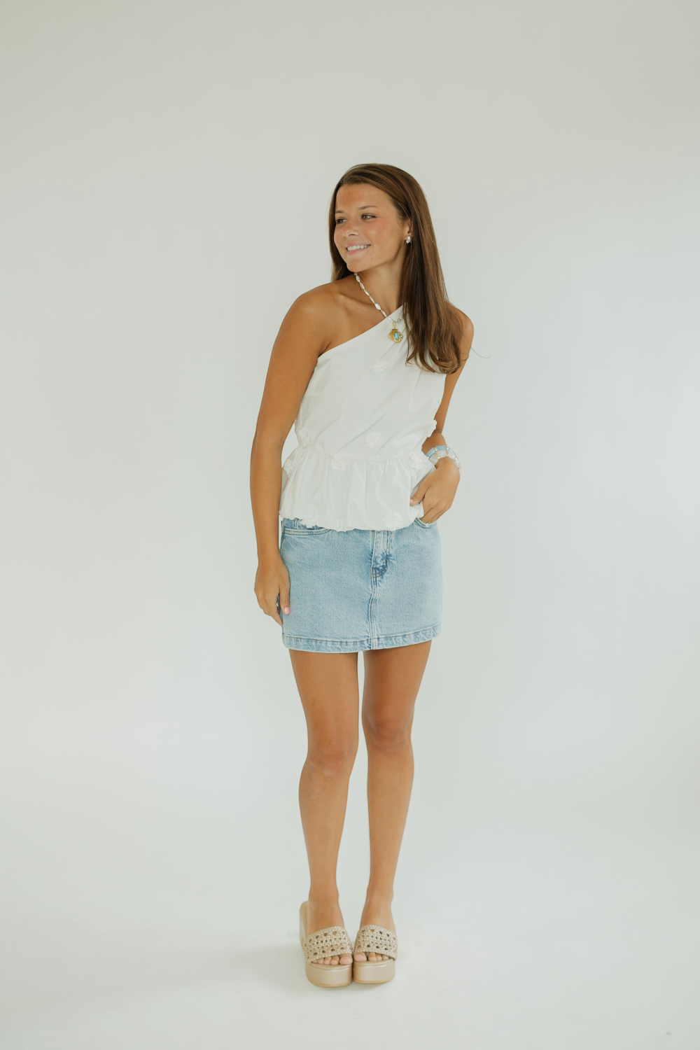 Jill White One Shoulder Peplum Top