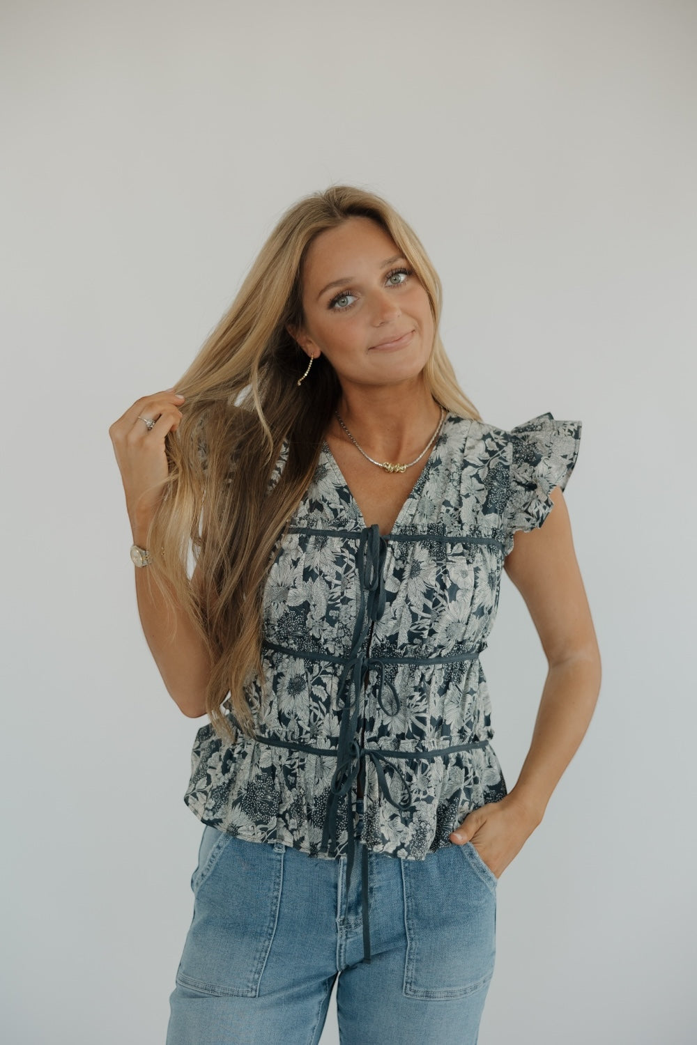 Gina Navy Grosgrain Trim Peplum Top