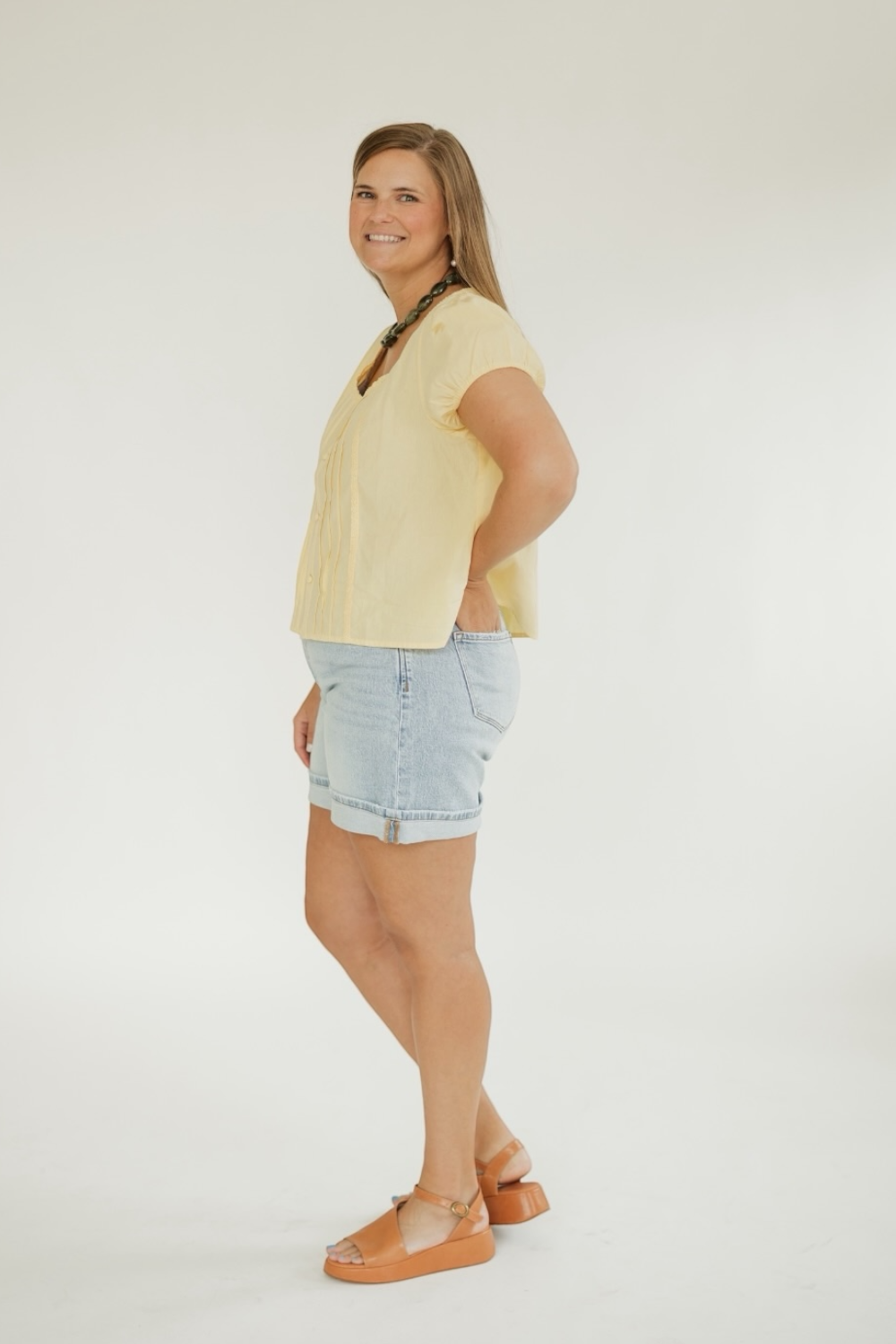 Sara Butter Yellow Front Pleat Button Up Top (XS-3XL)
