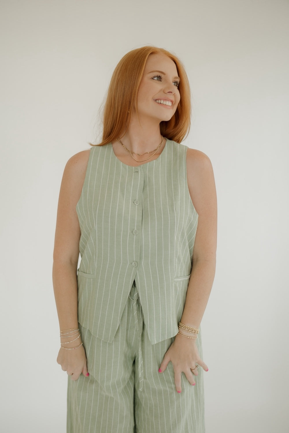 Matcha Pinstripe Button Up Vest Top (S-3XL)