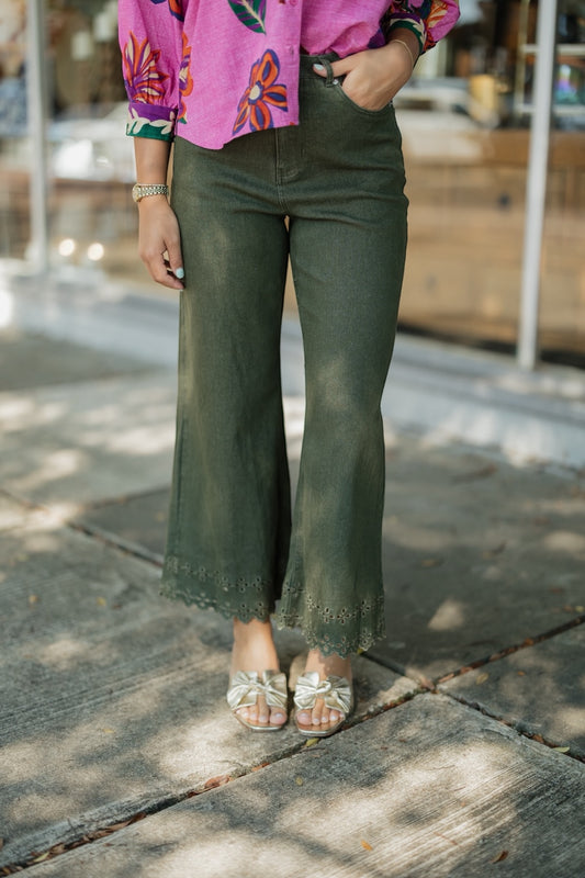 Olive Lace Trim Pants (S-2XL)