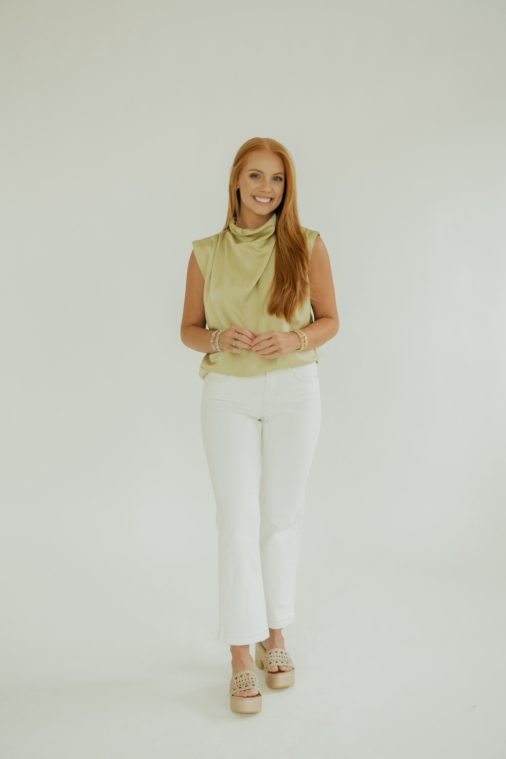 Callie Sage Cowl Neck Satin Top
