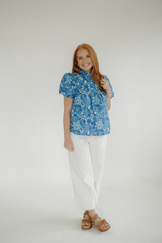 Brody Blue Peonies Short Sleeve Top