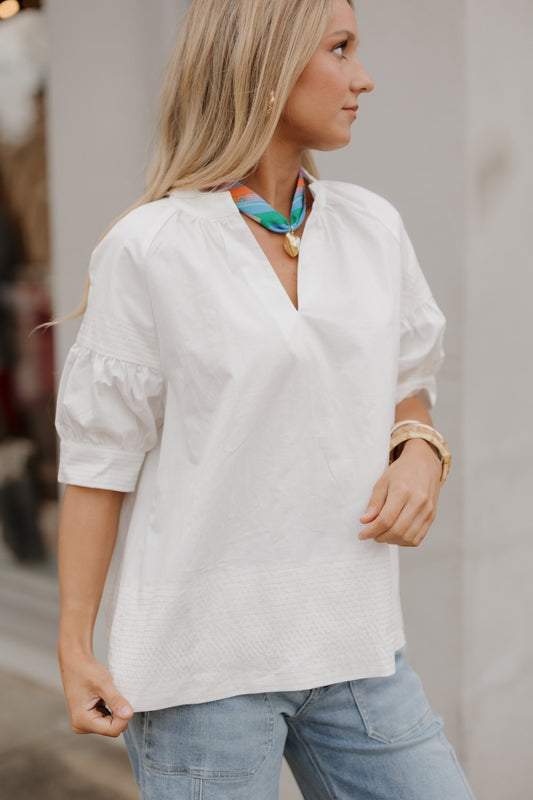 Stacey Contrast Stitch White Poplin Top