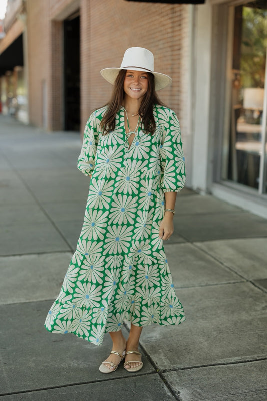 Olive Flower Green Print Midi Dress