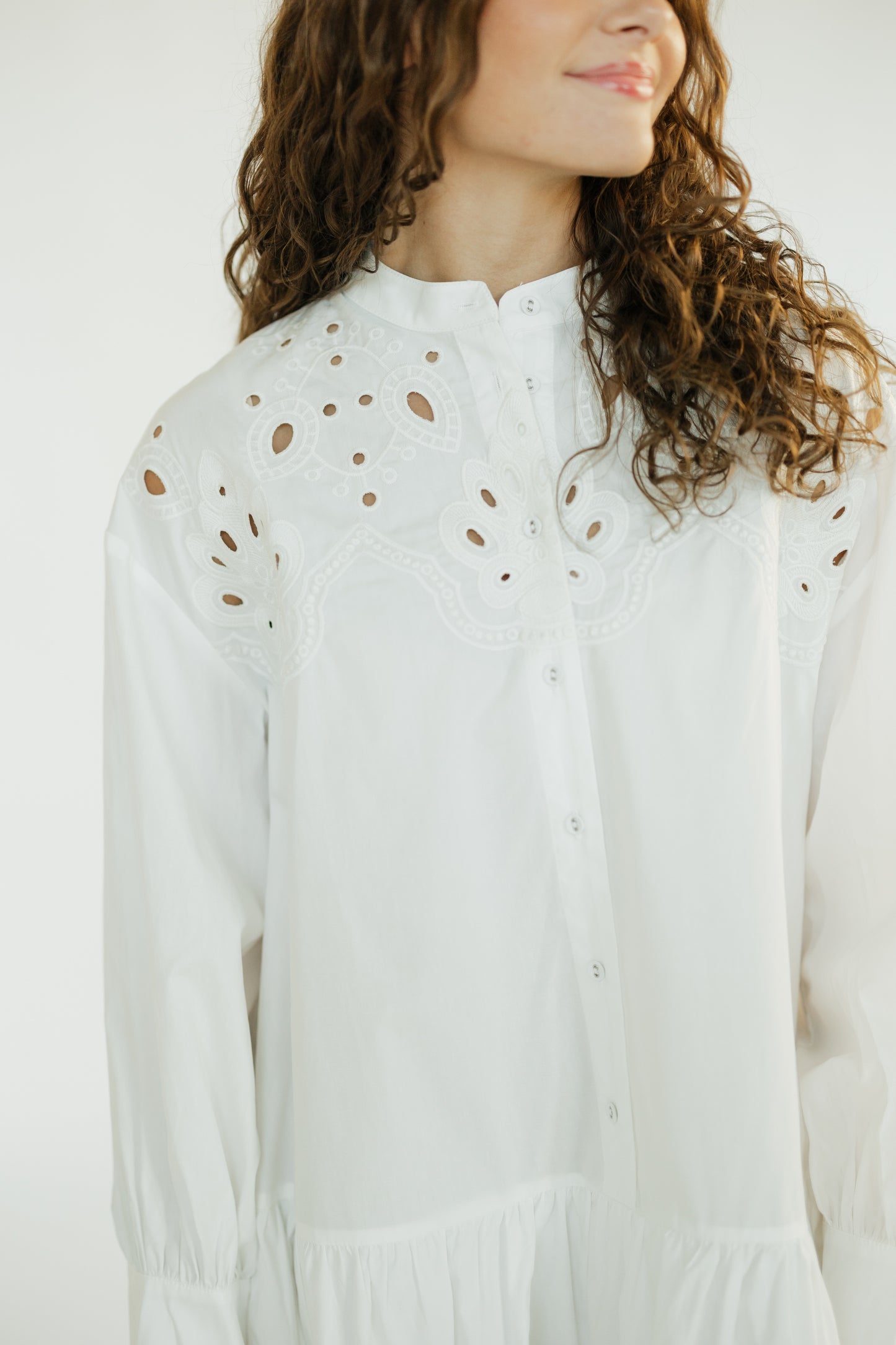 White Embroidered Button Down Mini Dress