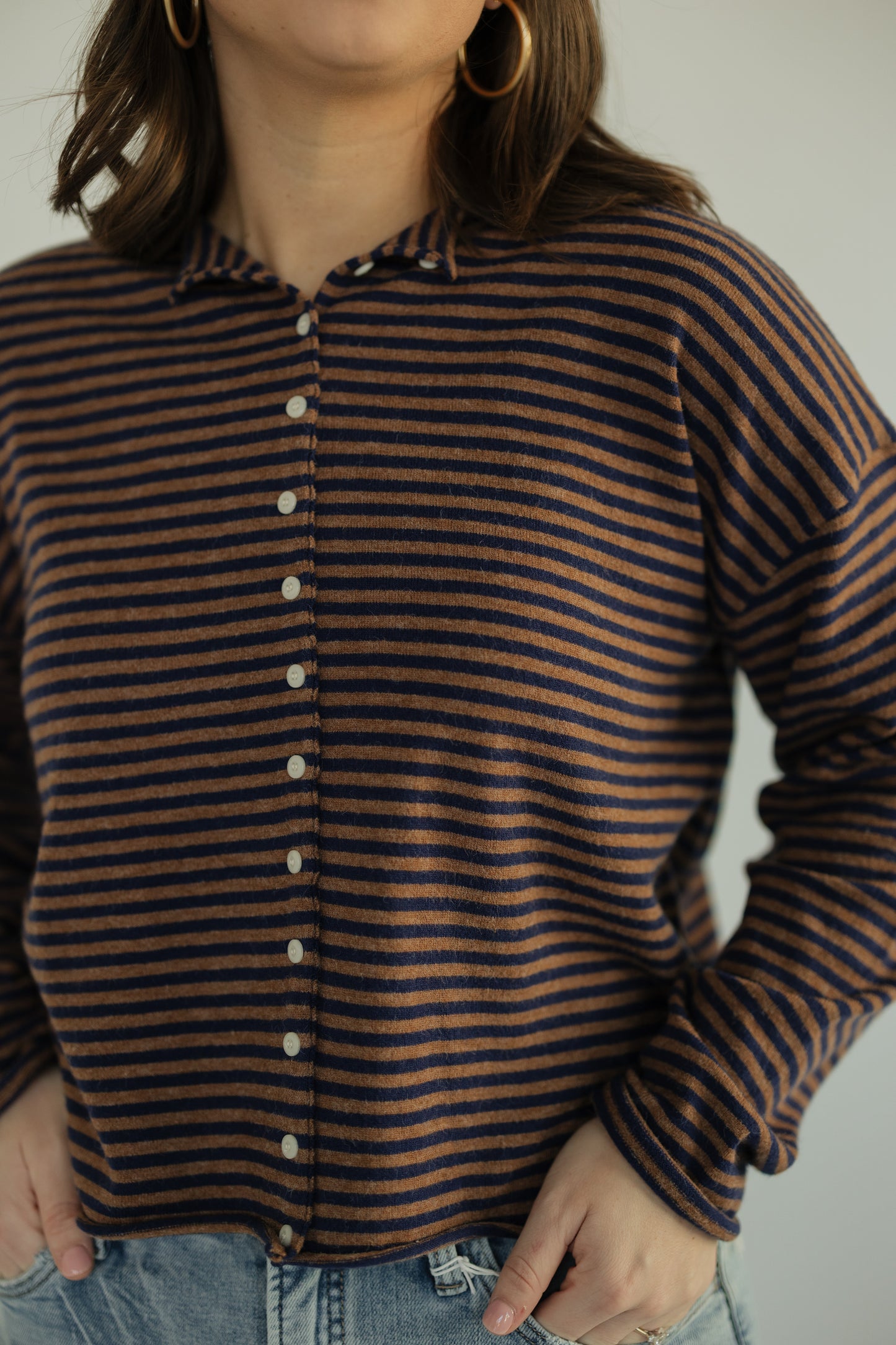 Brown & Navy Striped Mock Neck Sweater