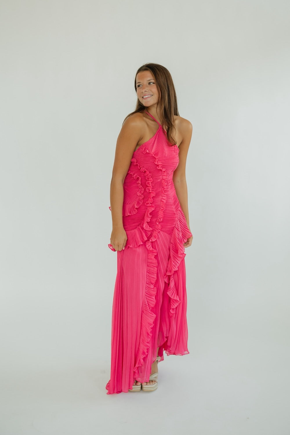 Cecilia Fuchsia Ruched Chiffon Midi Dress