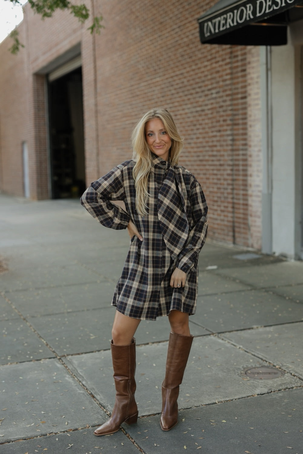 Brown Plaid Button Down Dress