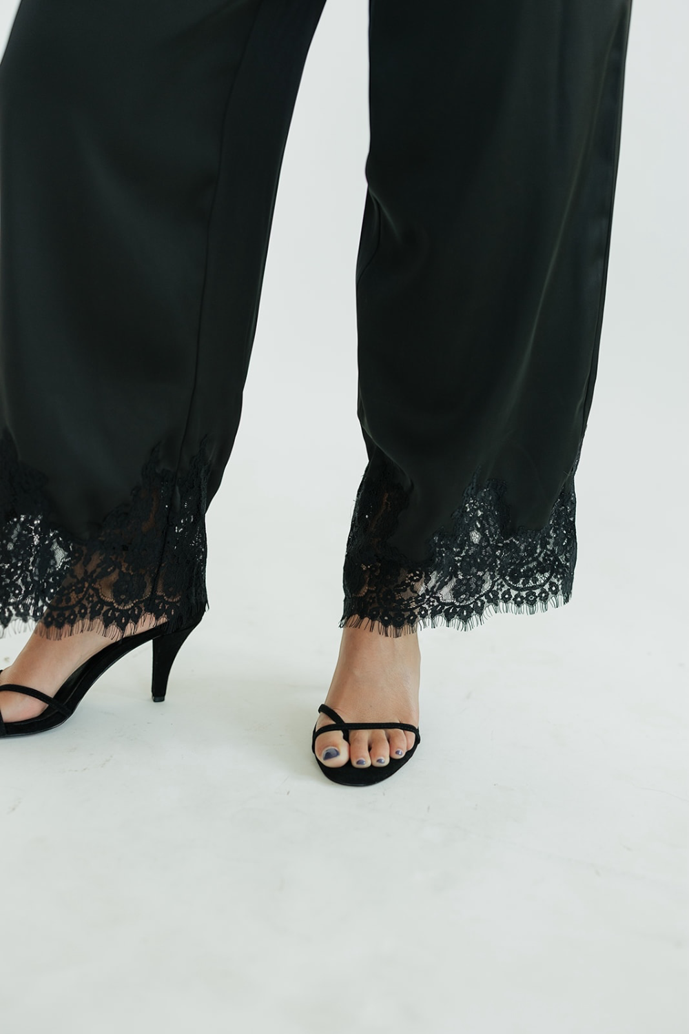 Carolyn Black Lace Trim Satin Pants