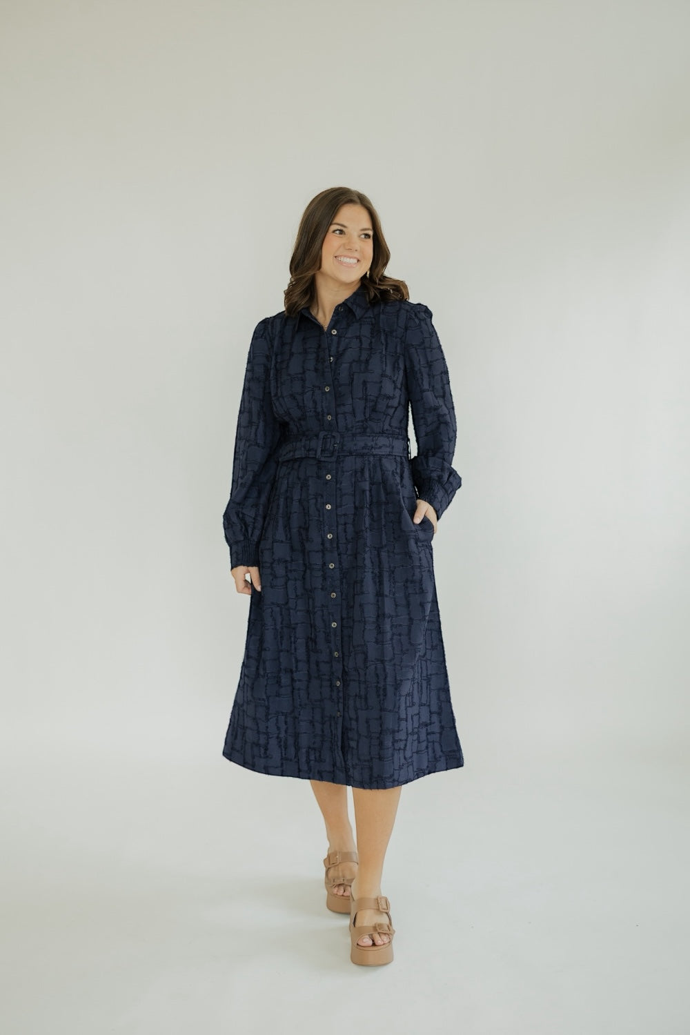 Nancy Navy Belted Midi Dress