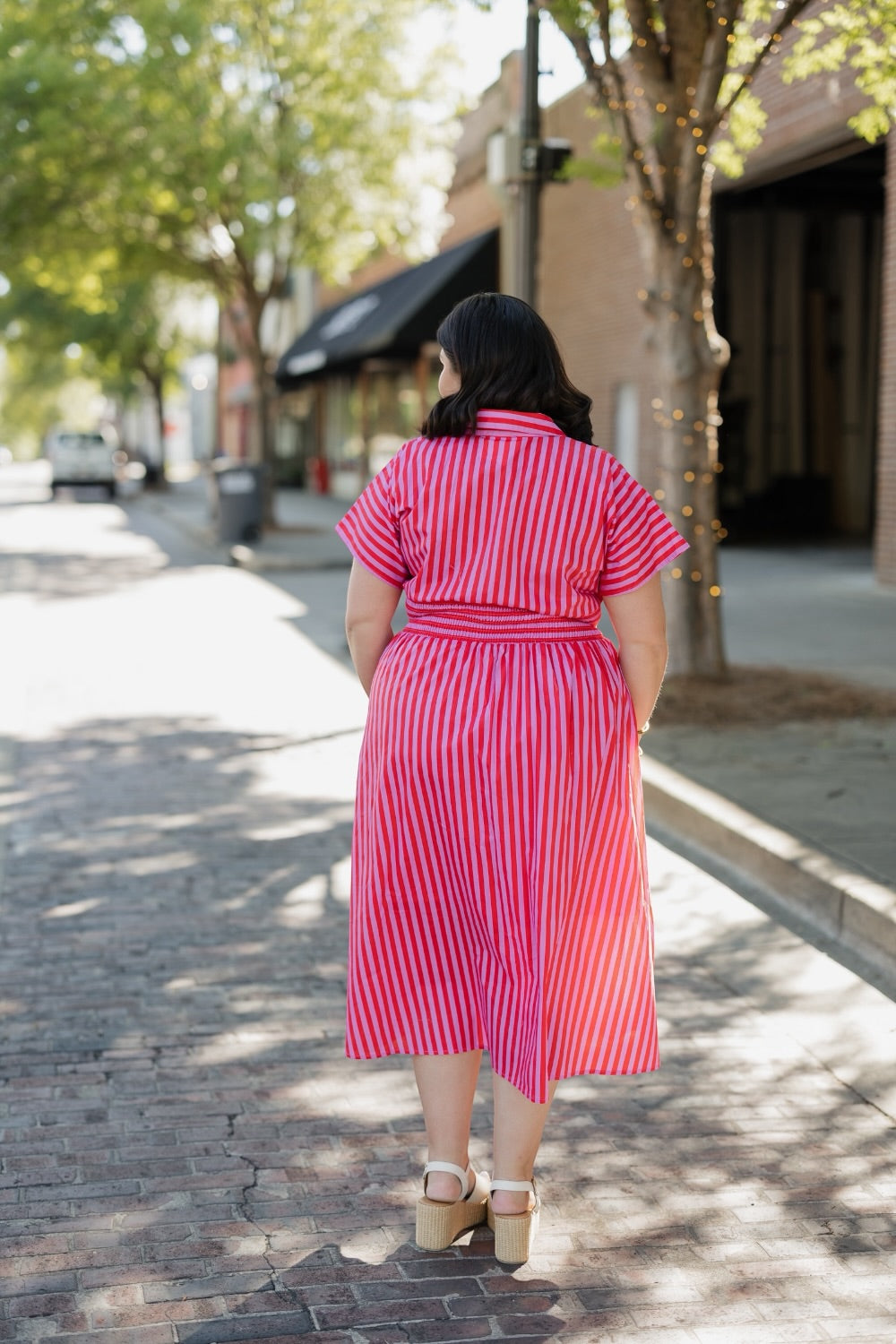 Elaine Red/Pink Striped Elastic Waist Midi Dress