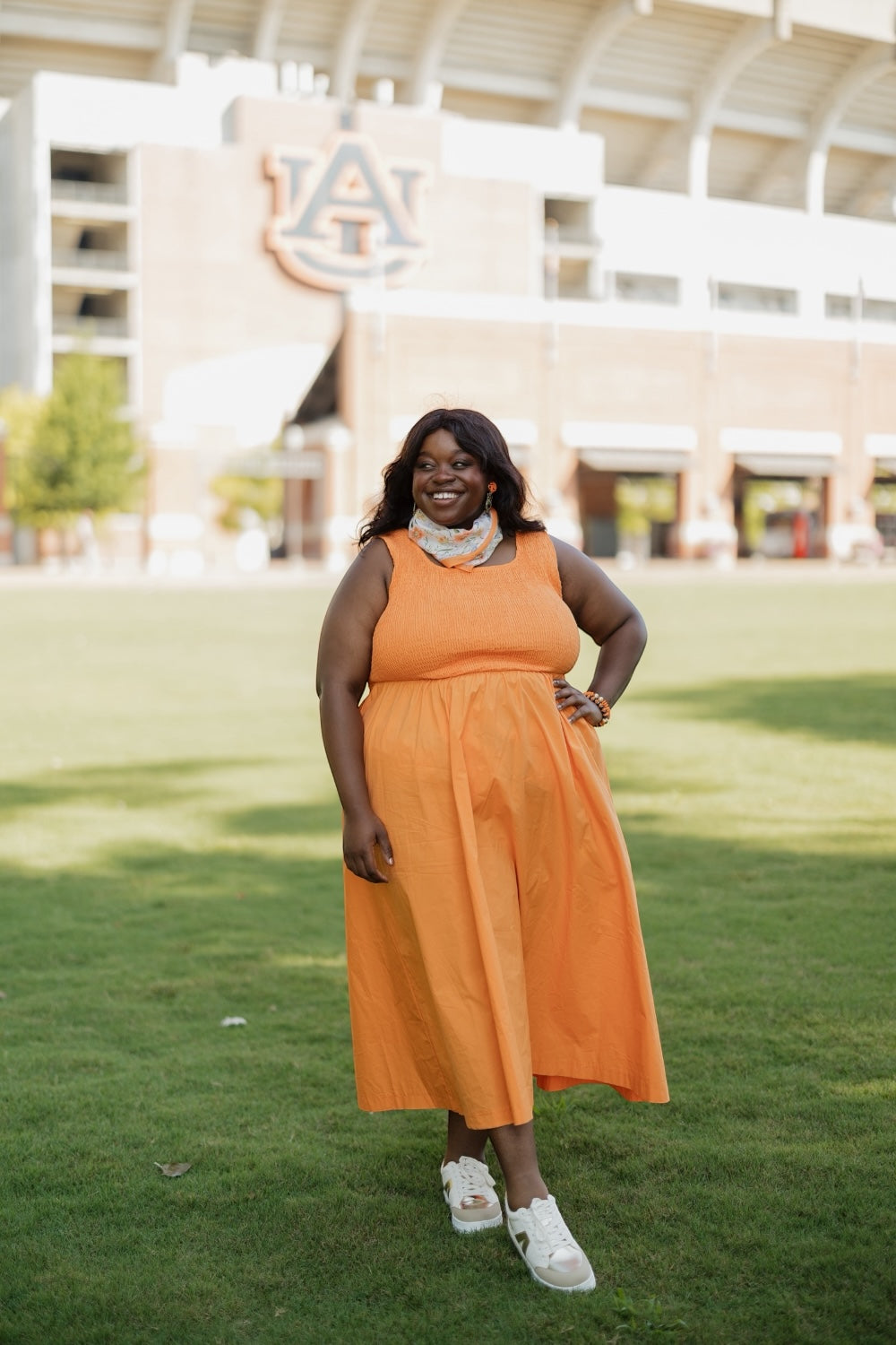 Brinley Orange Smocked Top Midi Dress (S-3XL)