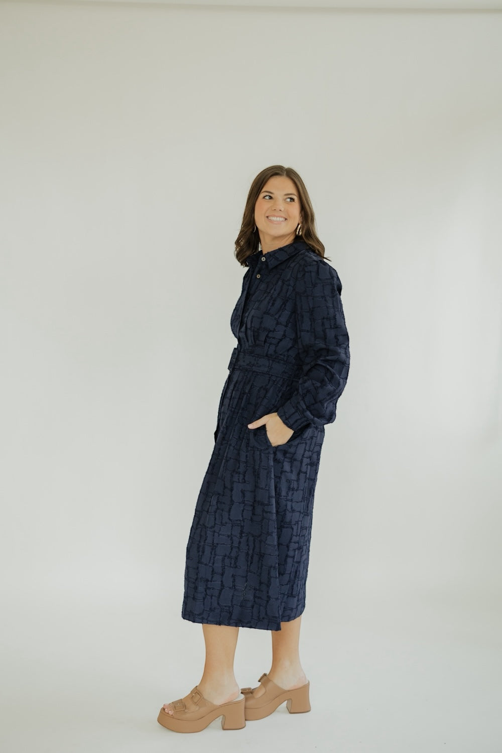 Nancy Navy Belted Midi Dress