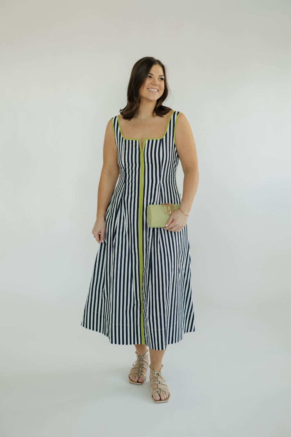 Chandler Navy Striped Square Neck Midi Dress