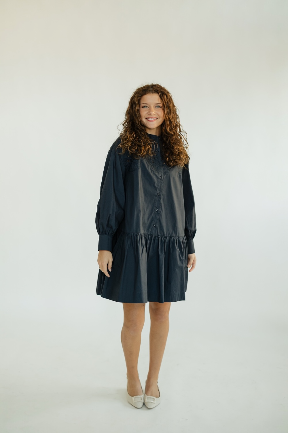 Navy Embroidered Button Down Mini Dress