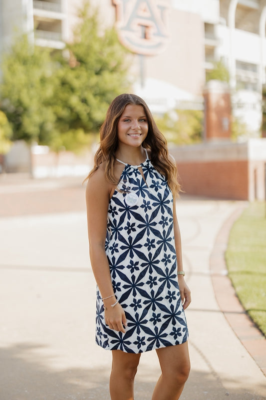 Hallie Navy Emroidered Halter Dress