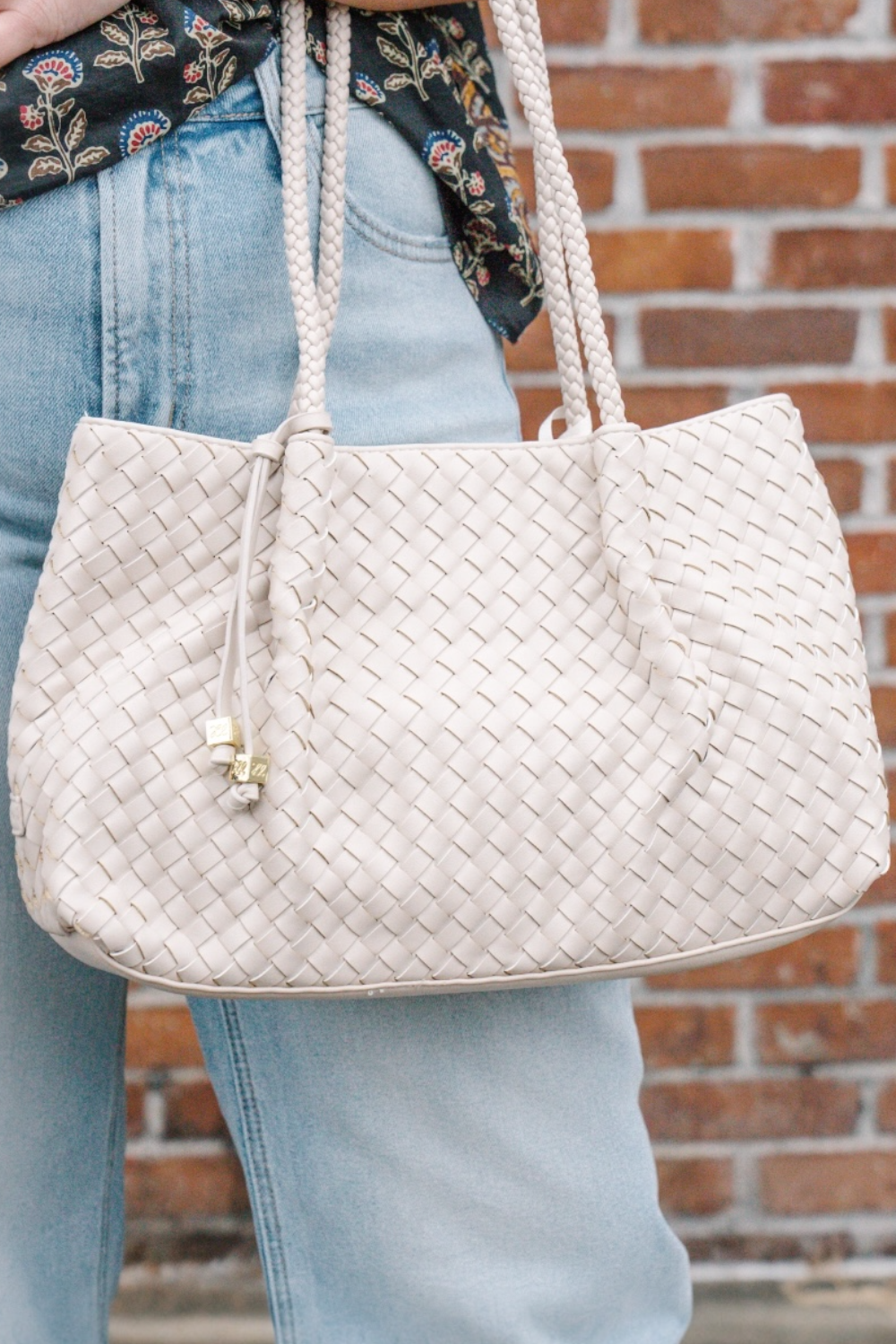 Nova Small Woven Shoulder Tote in Oyster