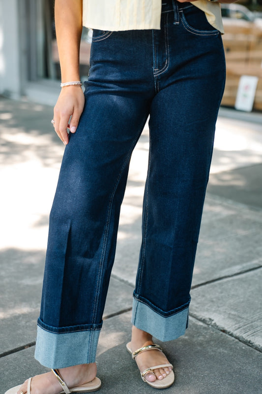 High Rise Dark Wash Cuffed Leg Jean