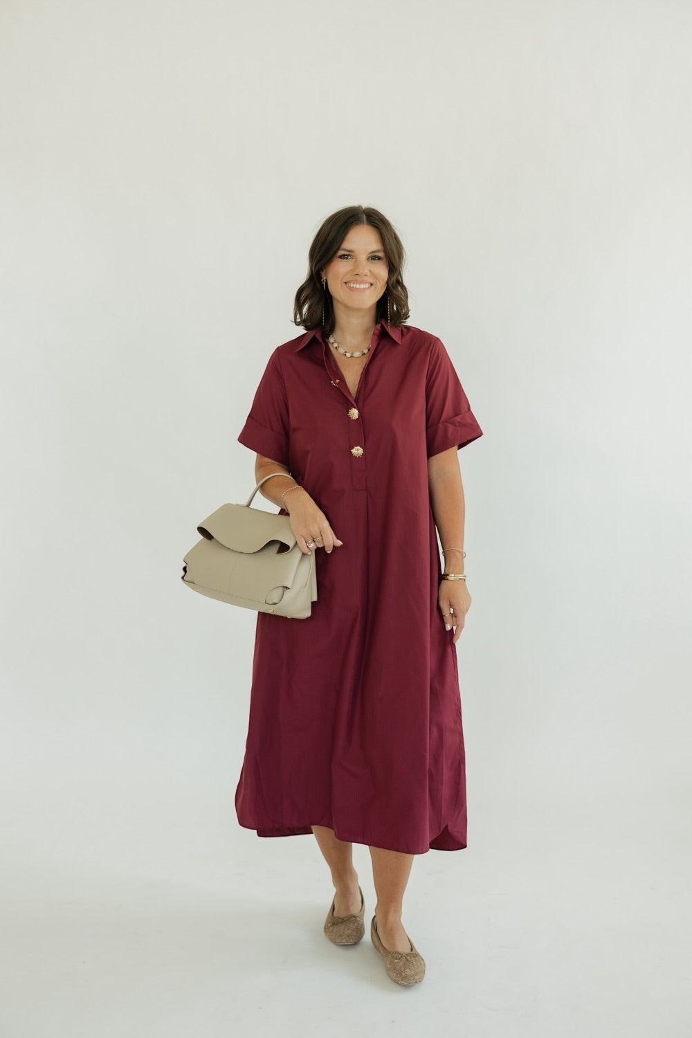 Daryl Wine Button Front Midi Dress (S-2XL)