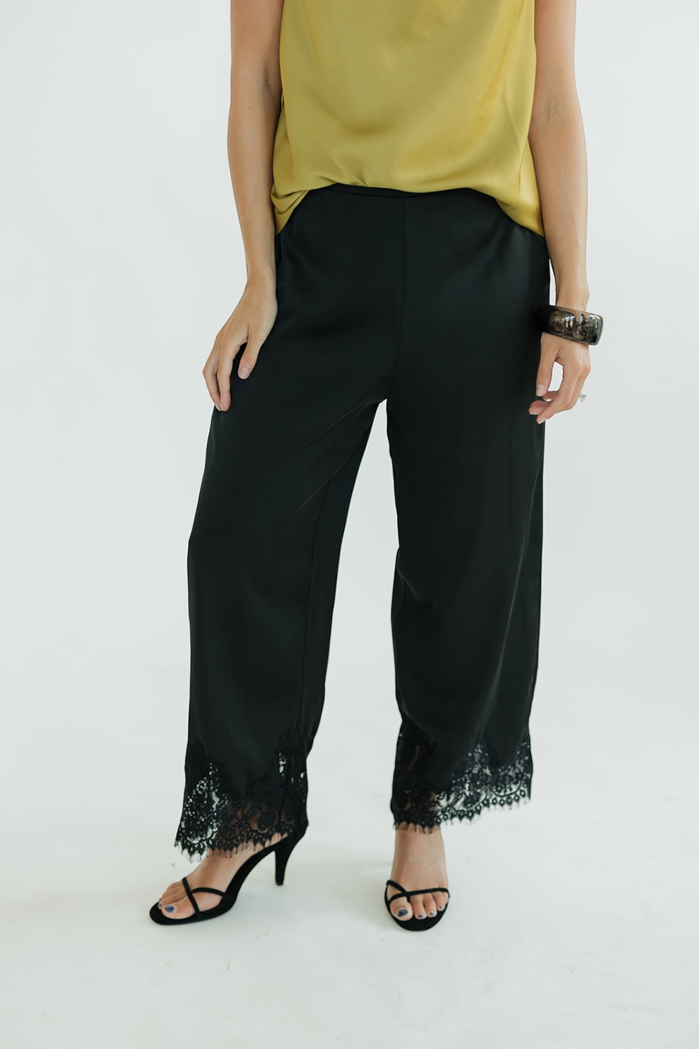 Carolyn Black Lace Trim Satin Pants