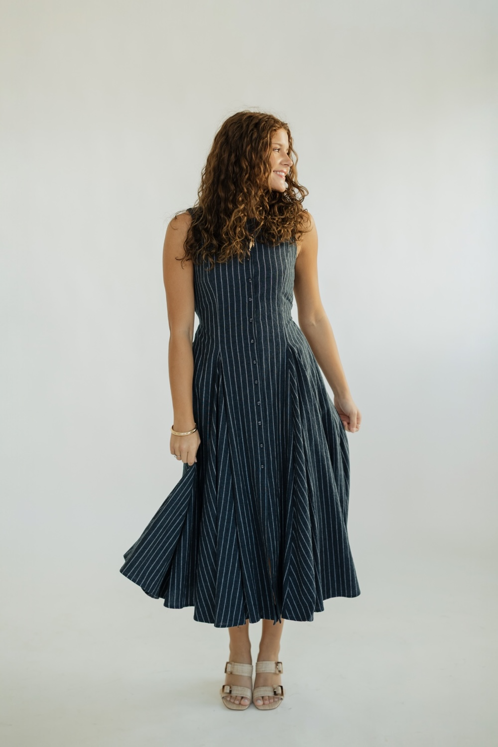 Navy Linen Striped Midi Dress