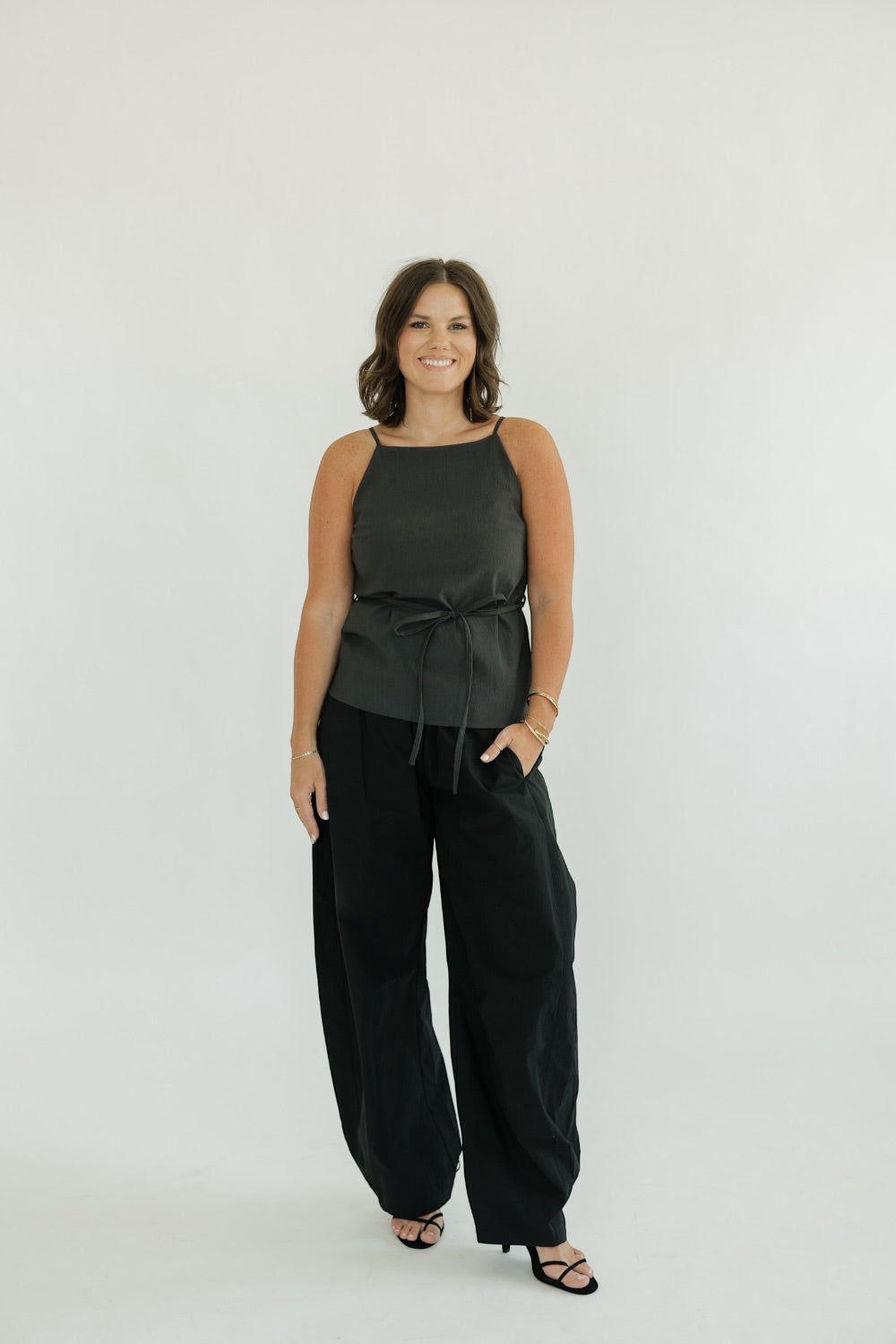 Jaynie Charcoal Square High Neck Sleeveless Top