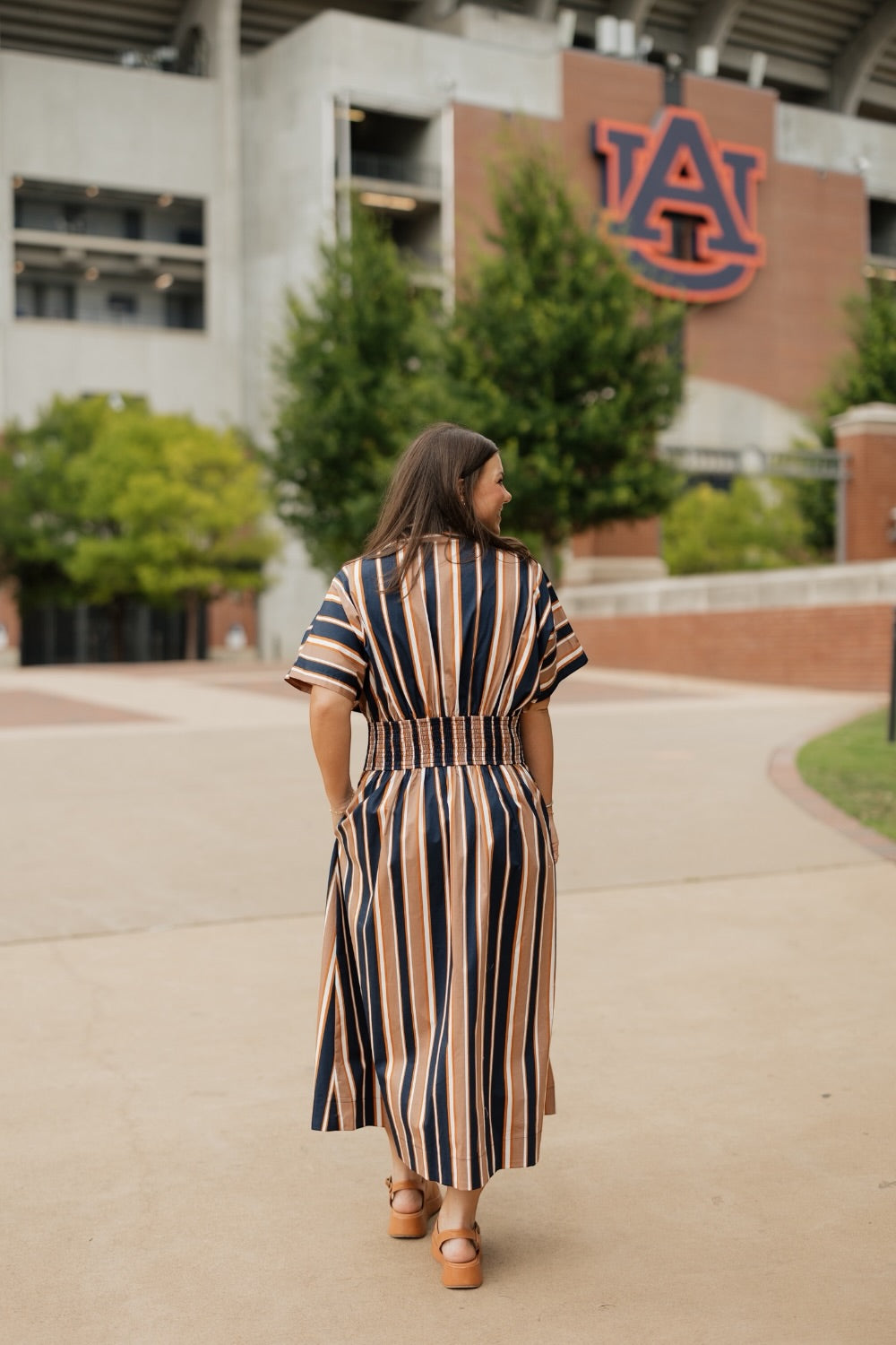Clara Navy Multi Striped Cinched Waist Midi Dress