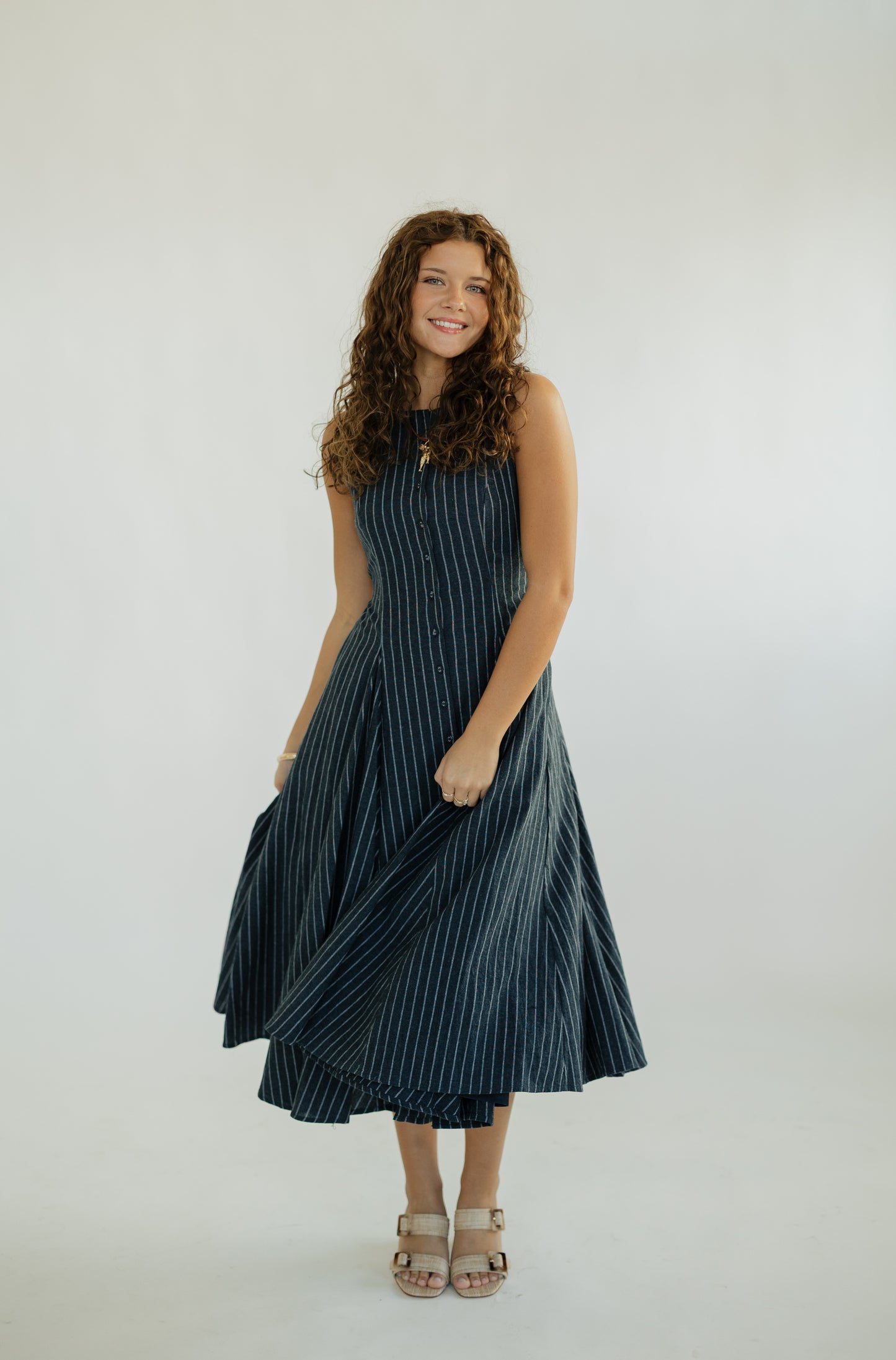 Navy Linen Striped Midi Dress