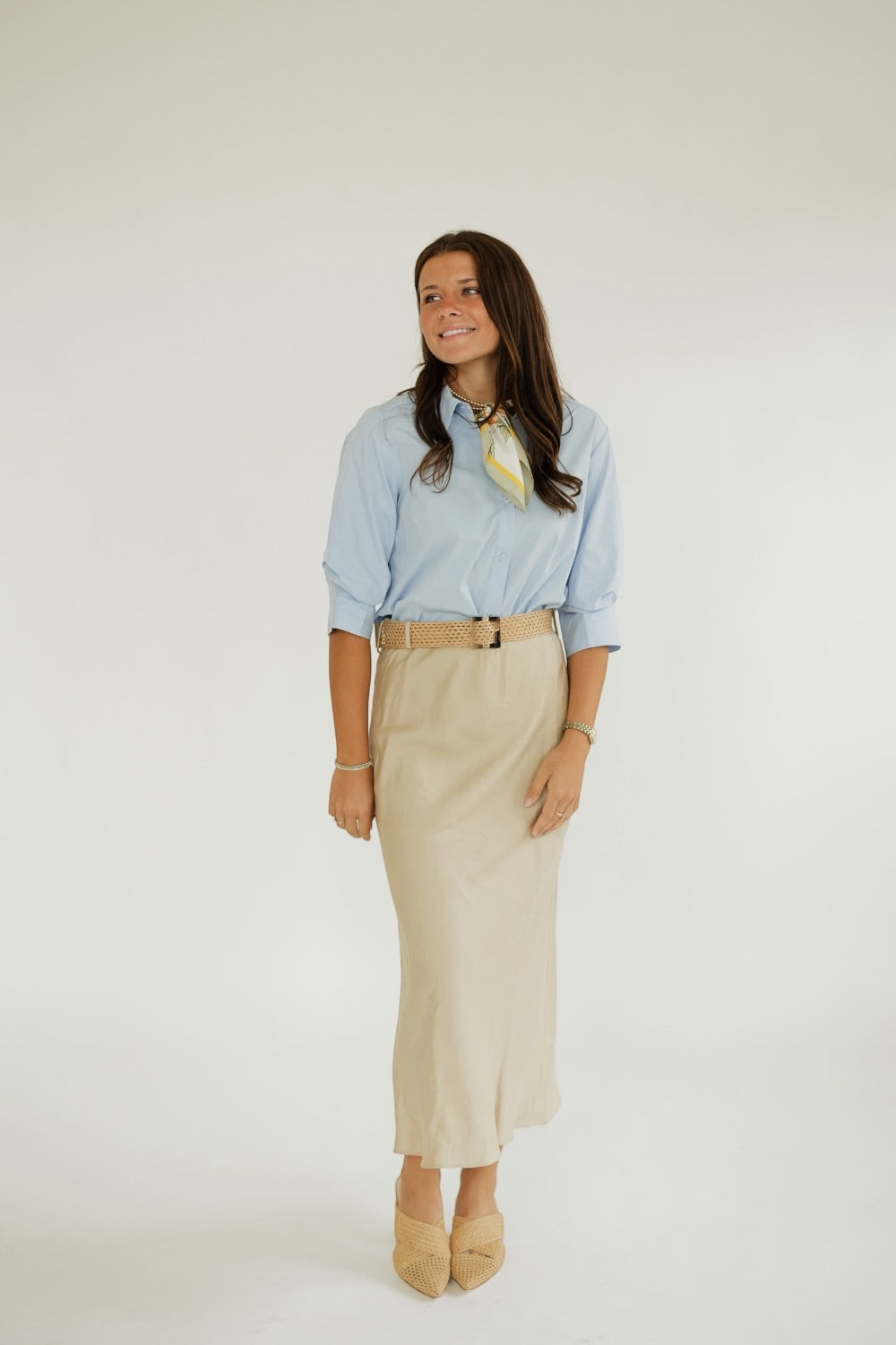 Morgan Sand Linen Midi Belted Skirt