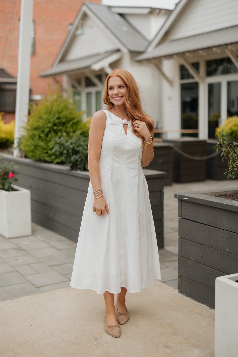 Pauline White Poplin Keyhole Midi Dress