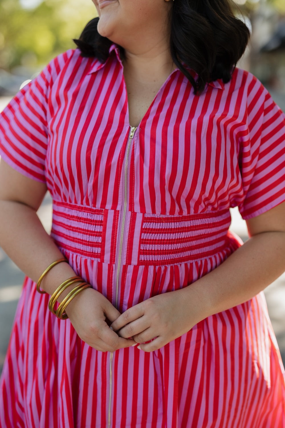 Elaine Red/Pink Striped Elastic Waist Midi Dress
