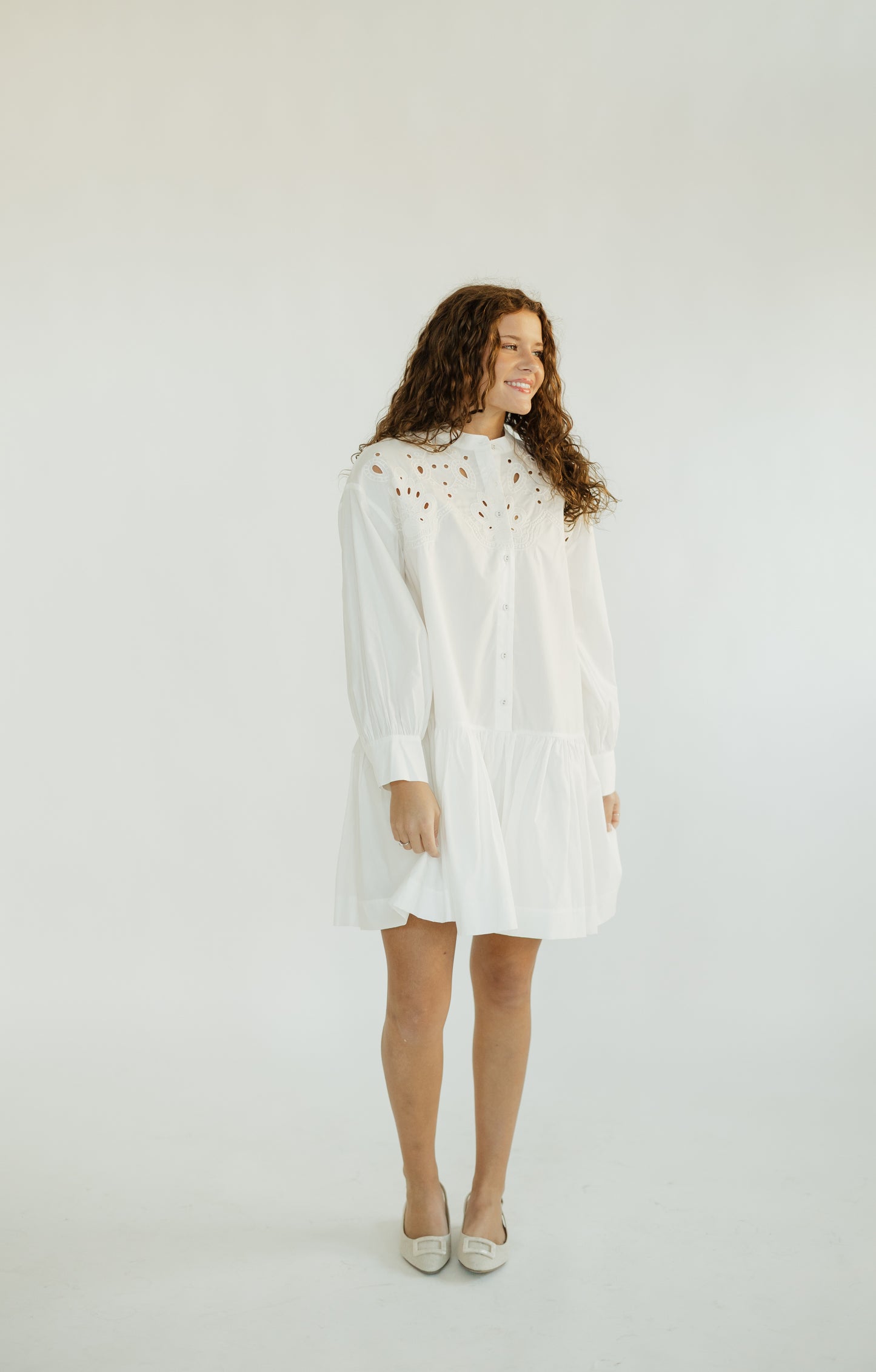 White Embroidered Button Down Mini Dress