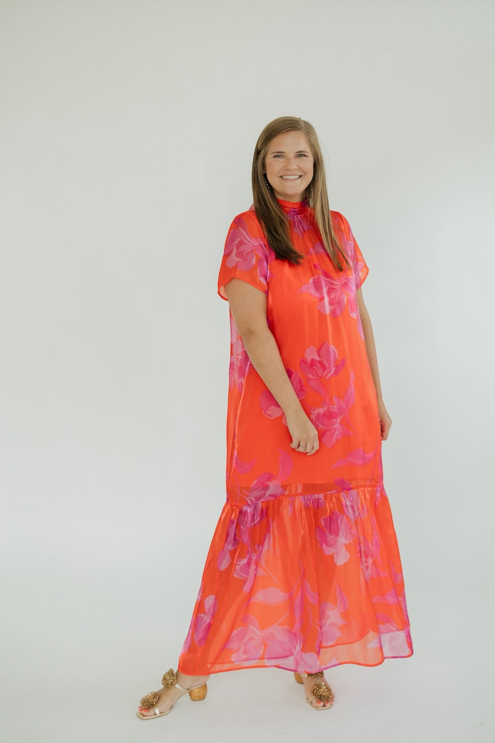 Dime Red Fuchsia Organza Mockneck Maxi Dress (XS-3XL)