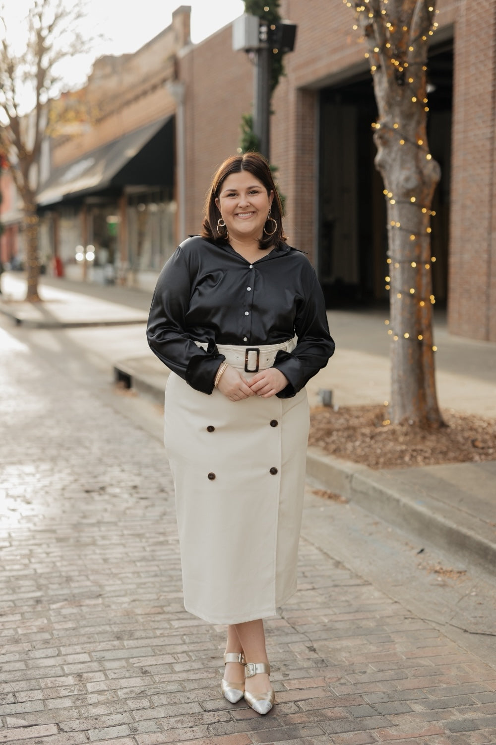 Jackie Cream Leather Double Button Skirt (XS-3XL)