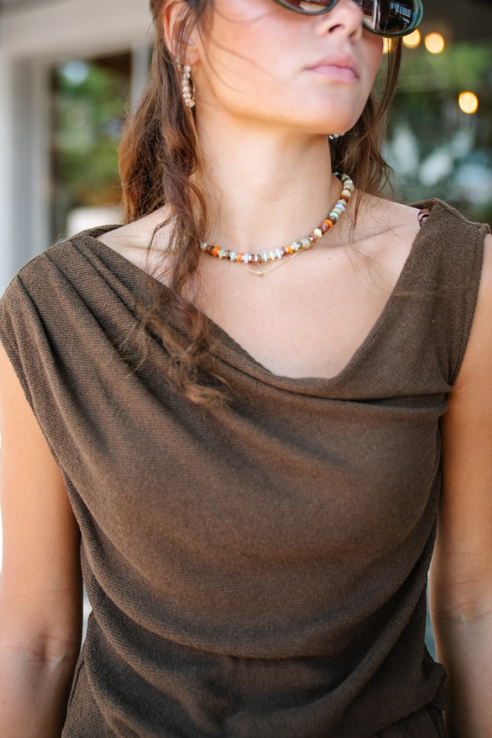 Brown Textured Knit Drape Shoulder Pant Set