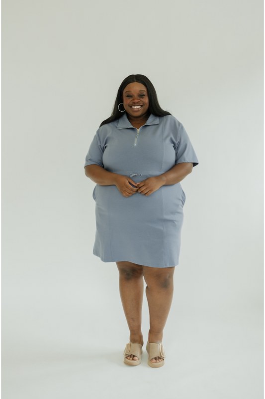 Shannon Steel Blue Elastic Waist Casual Dress (S-2XL)