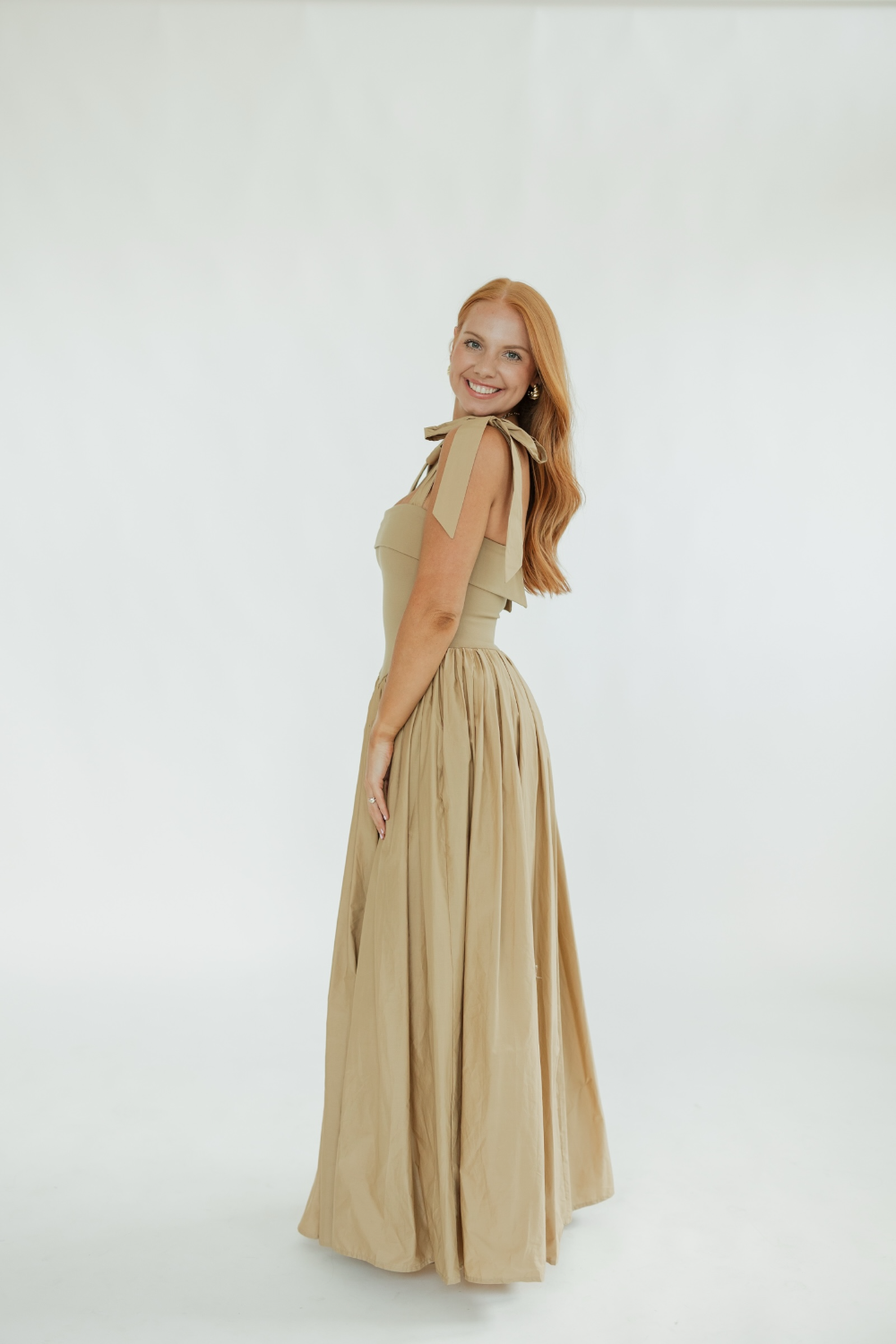 Karina Khaki Tie Sleeve Maxi Dress