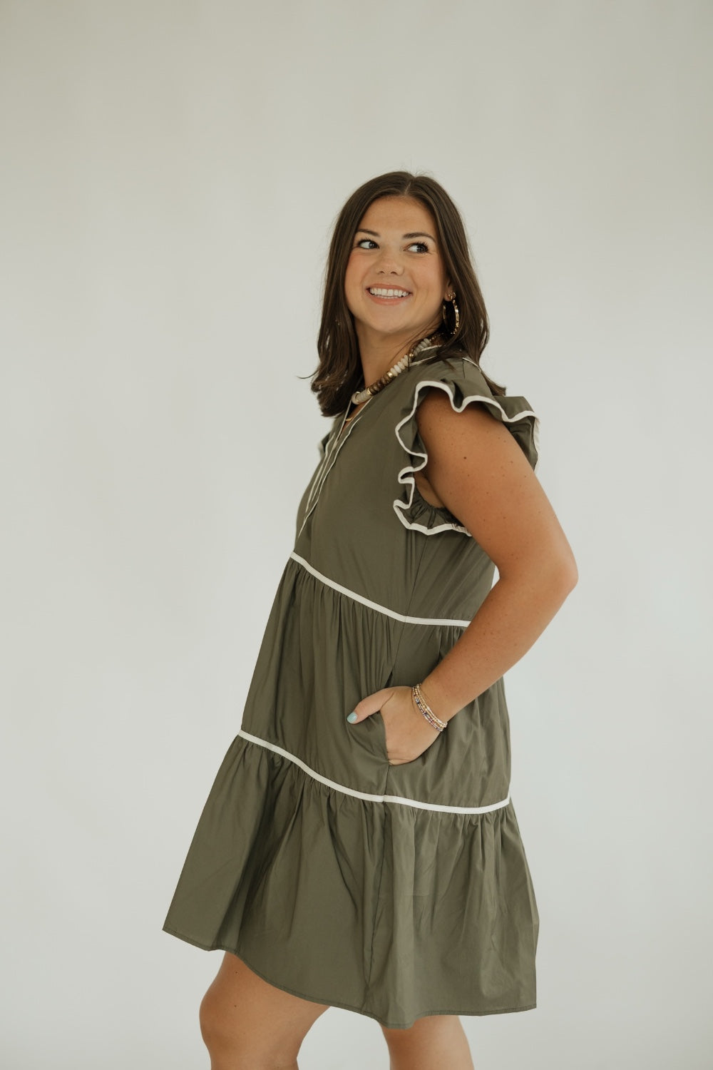 Sandy Olive Flutter Sleeve Ruffle Dress (S-2XL)