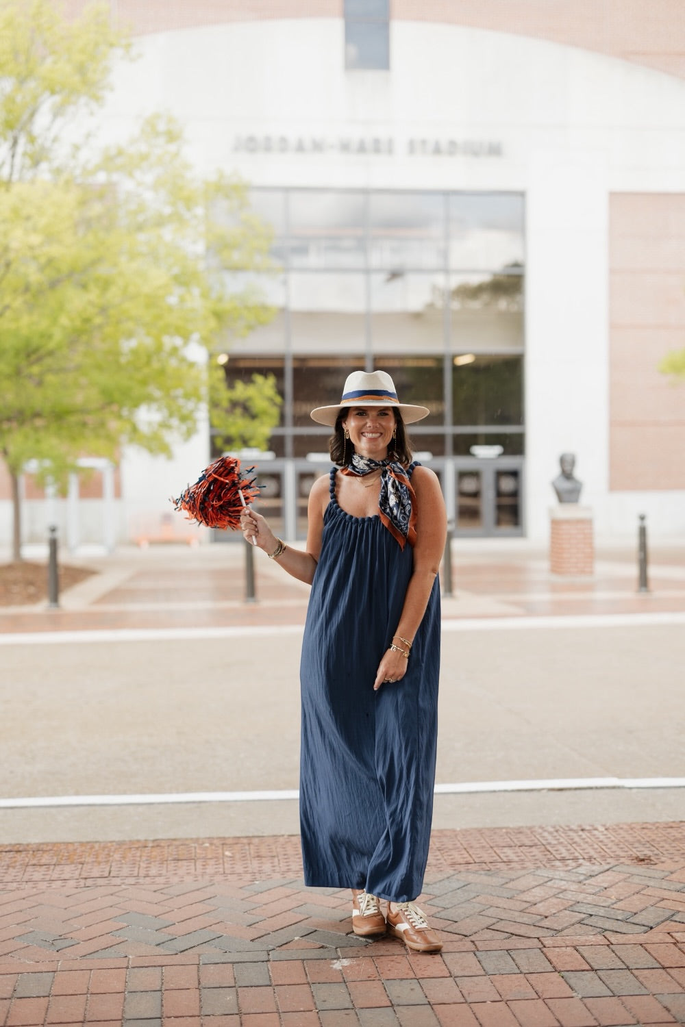 Navy Ball Trim Neckline Midi Dress