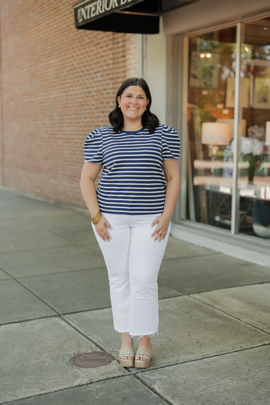 Larissa Navy Striped Pleat Sleeve Tee (XS-XL)